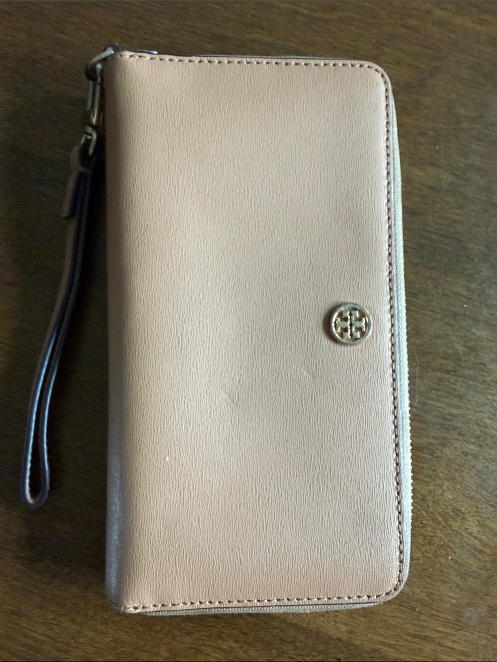 Tory Burch Zip-Around Wristlet Wallet in Nude with Gold Logo